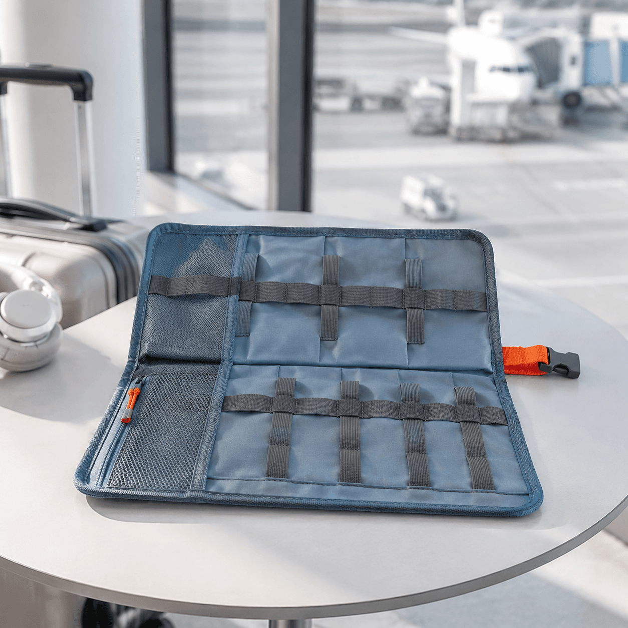 Fog-blue roll-up cable organiser laid open flat with empty elastic loops