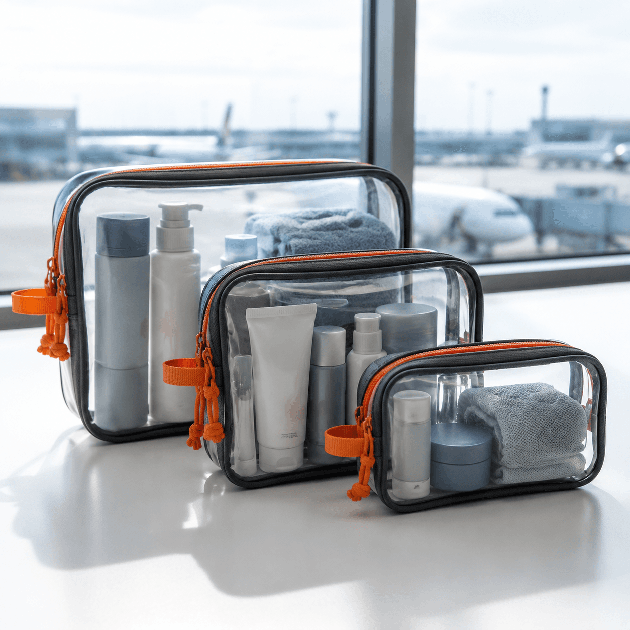 Three clear travel toiletry pouches in graduated sizes on a studio backdrop