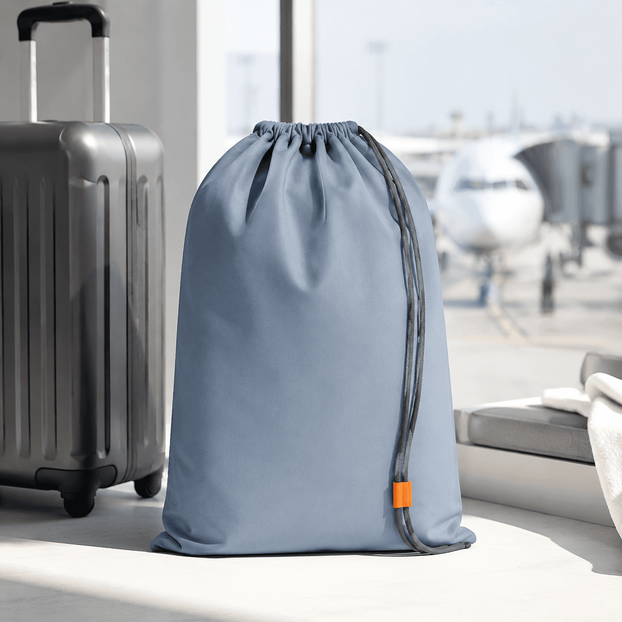 Fog-blue drawstring laundry travel sack standing on a studio backdrop