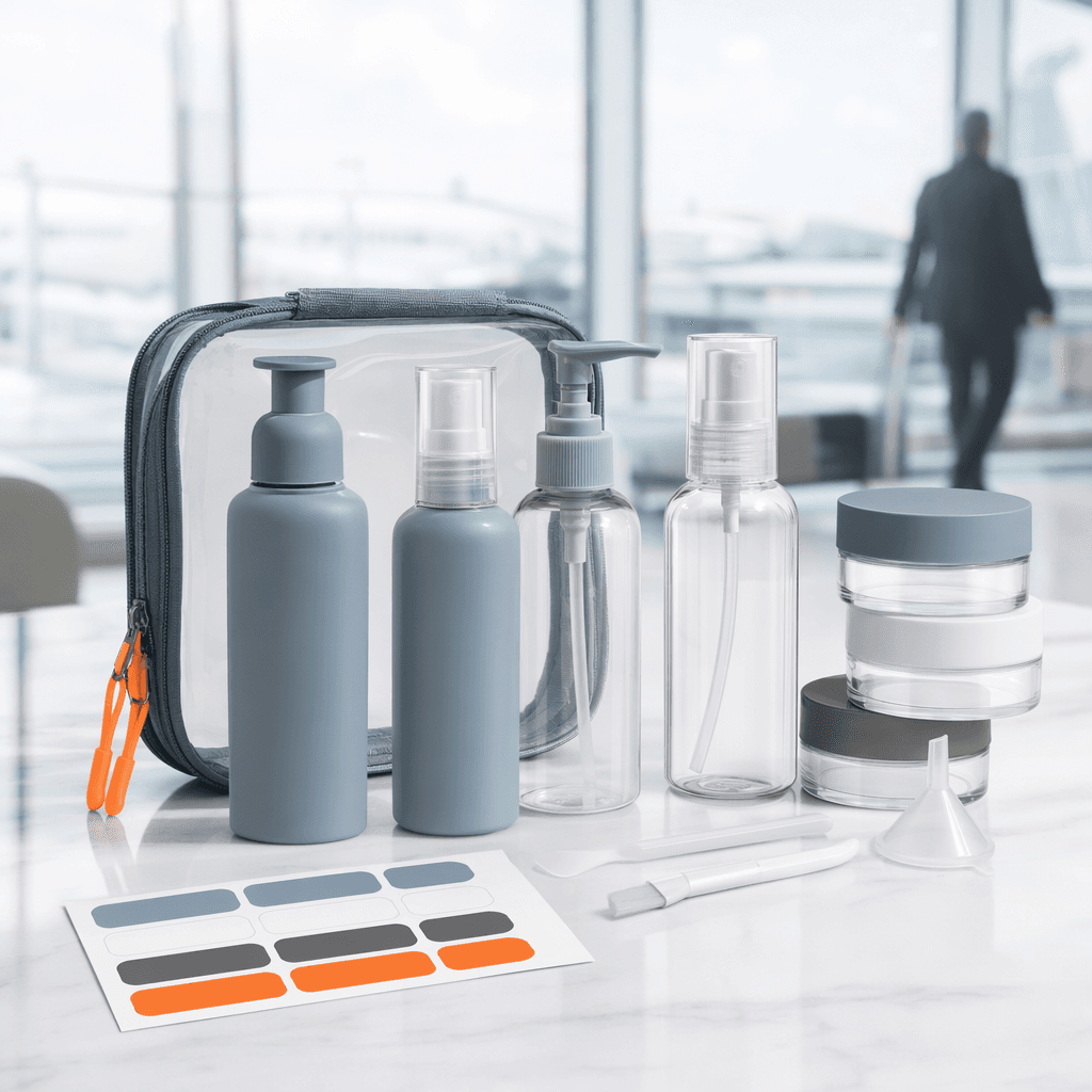 Set of refillable travel bottles and jars with a label sheet on a studio backdrop