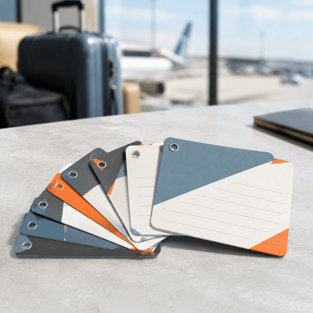 Set of reusable write-in packing label cards fanned out on a studio backdrop