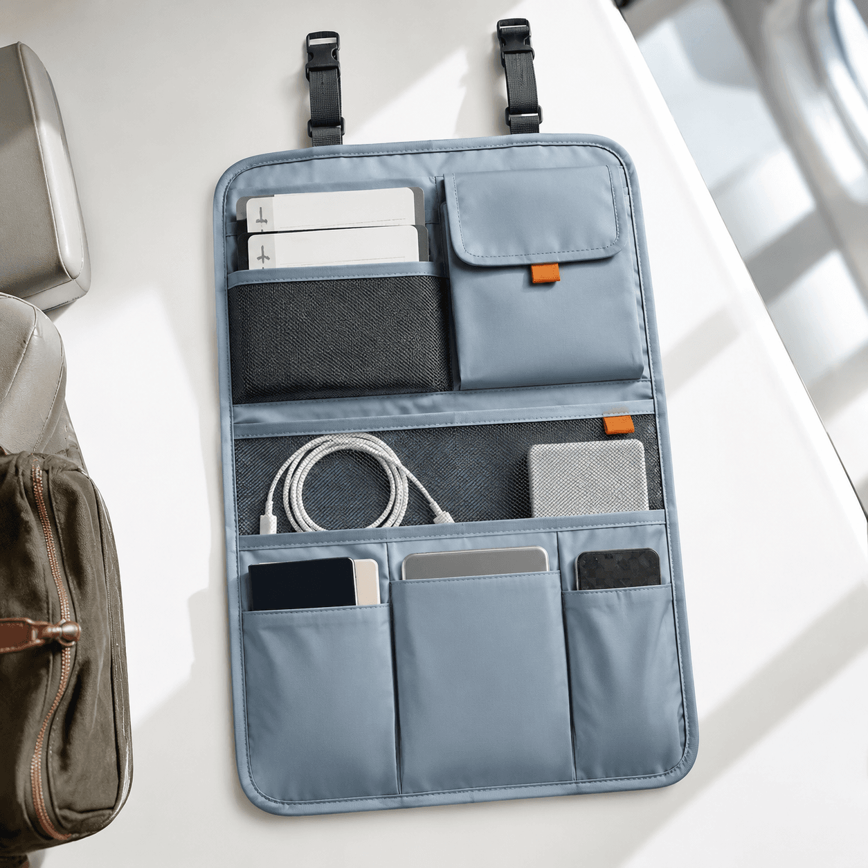 Fog-blue seat pocket organiser laid flat showing its pockets on a studio backdrop