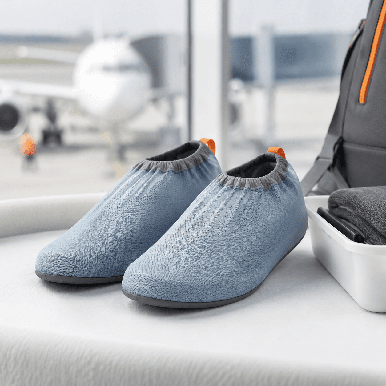 Pair of fog-blue breathable shoe sleeves on a neutral studio backdrop