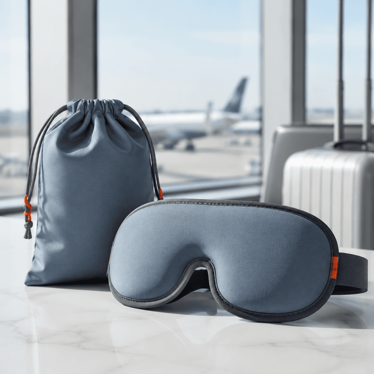 Fog-blue contoured travel sleep mask with its drawstring pouch on a studio backdrop
