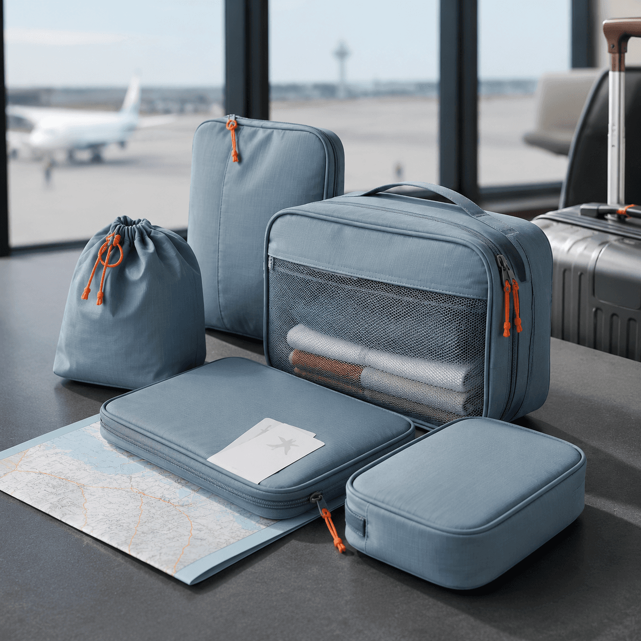 Calm still life of fog-blue travel organisers and a folded map on a graphite table